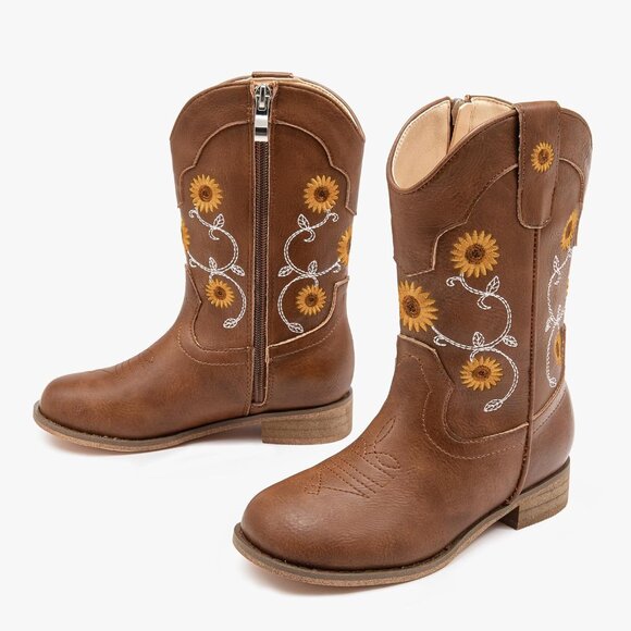 ⚡Girls Brown Floral Embroidered Cowgirl Boots Western Square Toe Mid Calf - Picture 5 of 8